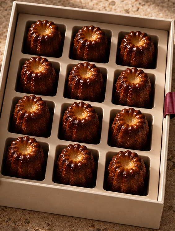 A box of twelve glossy, caramelized canelés
